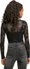 A woman seen from behind, wearing a black lace top and gray jeans. Produktbild-Vorschau