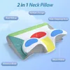 A cutaway view of a neck pillow with labels indicating its features. Produktbild-Vorschau
