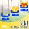 Three different configurations of a baby swing are shown, each labeled with an age range, against a blurred outdoor background. Produktbild-Vorschau