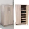 A split image showing a closed and an open light wood shoe cabinet. Podgląd zdjęcia produktu