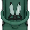 A close-up view of a green stroller seat with a harness and a safety bar. Produktbild-Vorschau