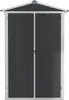 A front view of a dark gray metal shed with double doors, set against a white background. Produktbild-Vorschau