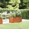 A garden scene with a wooden planter box filled with hydrangeas, a table and chairs in the background, and a hedge. Produktbild-Vorschau
