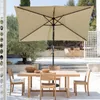 An outdoor patio scene with a rectangular umbrella over a wooden dining table and chairs. Produktbild-Vorschau
