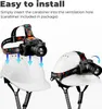 An instructional image showing how to attach a headlamp to a hard hat. Produktbild-Vorschau