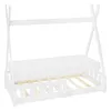 A white wooden tipi-style children's bed with a mattress and slatted base, shown against a white background. Produktbild-Vorschau