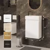 A bathroom vanity with a sink and faucet, shown with color and material options, and dimensions. Produktbild-Vorschau