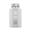 A white smart home radiator thermostat with a digital display and a silver dial on top, isolated on a white background. Produktbild-Vorschau