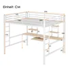 A diagram of a white metal loft bed with a desk and shelves, showing various dimensions in centimeters. Produktbild-Vorschau