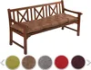 A wooden bench with a brown cushion, shown in a studio setting with color swatches below.