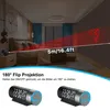 A bedroom scene with a digital projection clock displaying time and temperature on the wall, with close-up views of the clock. Produktbild-Vorschau