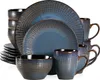 A set of blue and brown ceramic dishes and mugs arranged on a white background. Voir les images du produit