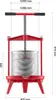A red and silver fruit press with dimensions indicated by dashed lines and text. Voir les images du produit