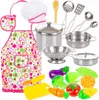 A collection of children's toy kitchen items, including cookware, utensils, an apron, chef's hat, and play food, arranged on a white background. Náhled obrázku produktu