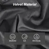 A close-up of dark gray velvet fabric with three icons and text describing its features. Produktbild-Vorschau