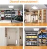 Collage of four images showing an LED ceiling light in different settings: a garage, a closet, a hallway, and a storage room. Produktbild-Vorschau