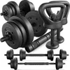 A collection of black weightlifting equipment, including dumbbells, kettlebells, and a connecting bar, arranged on a white background. Produktbild-Vorschau