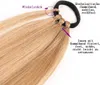 Blonde Haarverlängerungen an einem schwarzen elastischen Haargummi, mit Text, der Merkmale hervorhebt Náhľad obrázku produktu