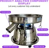 A stainless steel vibrating sieve machine with labels pointing out its components. Produktbild-Vorschau