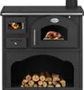 A black wood-burning stove with an oven and a log storage compartment. Produktbild-Vorschau