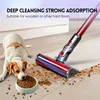 A dog is eating from a bowl of food on a wooden floor, with a vacuum cleaner head nearby cleaning up spilled food. Produktbild-Vorschau