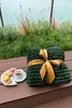 A folded green blanket with a gold ribbon tied around it, placed on a wooden deck next to a small cup of coffee and a plate of macarons. Náhled obrázku produktu