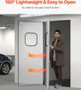 A man stands next to a white swing door in a garage or industrial setting. Orange arrows indicate the door's movement. Náhled obrázku produktu