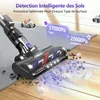 A vacuum cleaner head is shown cleaning different surfaces, with text overlays indicating suction power for different floor types. Voir les images du produit