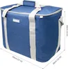 A blue cooler bag with beige straps and dimensions indicated. Produktbild-Vorschau