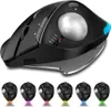 A black trackball mouse with a silver trackball and colored LED lights is shown from a slightly elevated angle. Below the main product image, there are six smaller images of the same mouse, each illuminated with a different colored light. Produktbild-Vorschau