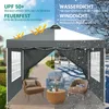 A split image showing a gazebo in different weather conditions, with furniture inside. Produktbild-Vorschau