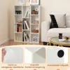 A white bookshelf filled with books and decorative items, next to a white sofa and a round coffee table. The bottom of the image shows three close-up detail shots of the bookshelf's features. Podgląd zdjęcia produktu