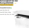 A white printer is shown on the right side of the image, with text and a list of compatible printers on the left. Produktbild-Vorschau