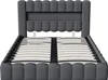 A grey upholstered bed frame with a slatted mattress base. Náhled obrázku produktu