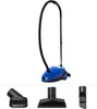A blue and black canister vacuum cleaner with its hose and telescopic wand, displayed with three different cleaning attachments below. Produktbild-Vorschau