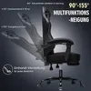 A black gaming chair is shown with multiple reclining positions indicated by ghosted images and text overlays describing the angles and uses. Produktbild-Vorschau