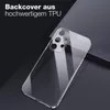 A clear phone case is shown on a dark, angled surface, with text overlay. Produktbild-Vorschau
