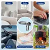 Collage of images showing a handheld vacuum cleaner used in various settings like a bed, sofa, car, and for storage bags, with a fire pit in the background. Produktbild-Vorschau