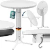 Collage showcasing a white round bistro table from multiple angles, including its folding mechanism and a close-up of a hook for hanging items. Smaller inset shows a black and white tabletop.