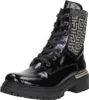A studio shot of a black patent leather boot with black laces and a decorative patterned cuff. Voir les images du produit