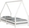 A white wooden children's bed with a house-shaped frame, shown with grey bedding featuring a white star pattern.