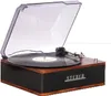 A retro-style record player with a clear lid open, showing a vinyl record on the turntable. Produktbild-Vorschau