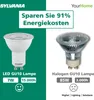 Comparison of an LED GU10 lamp and a Halogen GU10 lamp, highlighting energy savings. Produktbild-Vorschau