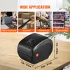 A label printer is shown on a wooden table, with four smaller images above illustrating its wide applications in office business, express shipping, warehouses, and supermarkets. Dimensions are also indicated. Podgląd zdjęcia produktu