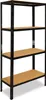 A black metal shelving unit with four wooden shelves, shown against a white background. Produktbild-Vorschau