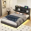 A bedroom scene with a bed, nightstand, and bookshelf.