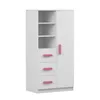 A white children's wardrobe with pink handles and open shelves. Produktbild-Vorschau
