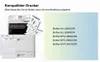 A printer with paper stacks and charts, next to a list of compatible printer models. Produktbild-Vorschau