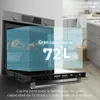 An oven with its door open, showcasing its interior capacity with a superimposed graphic. Produktbild-Vorschau
