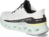 Rear view of a white Skechers slip-in sneaker with a black and white side panel and a mint green sole. Voir les images du produit